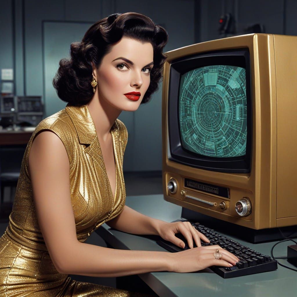 Retro Sci-Fi Golden Girl at Computer