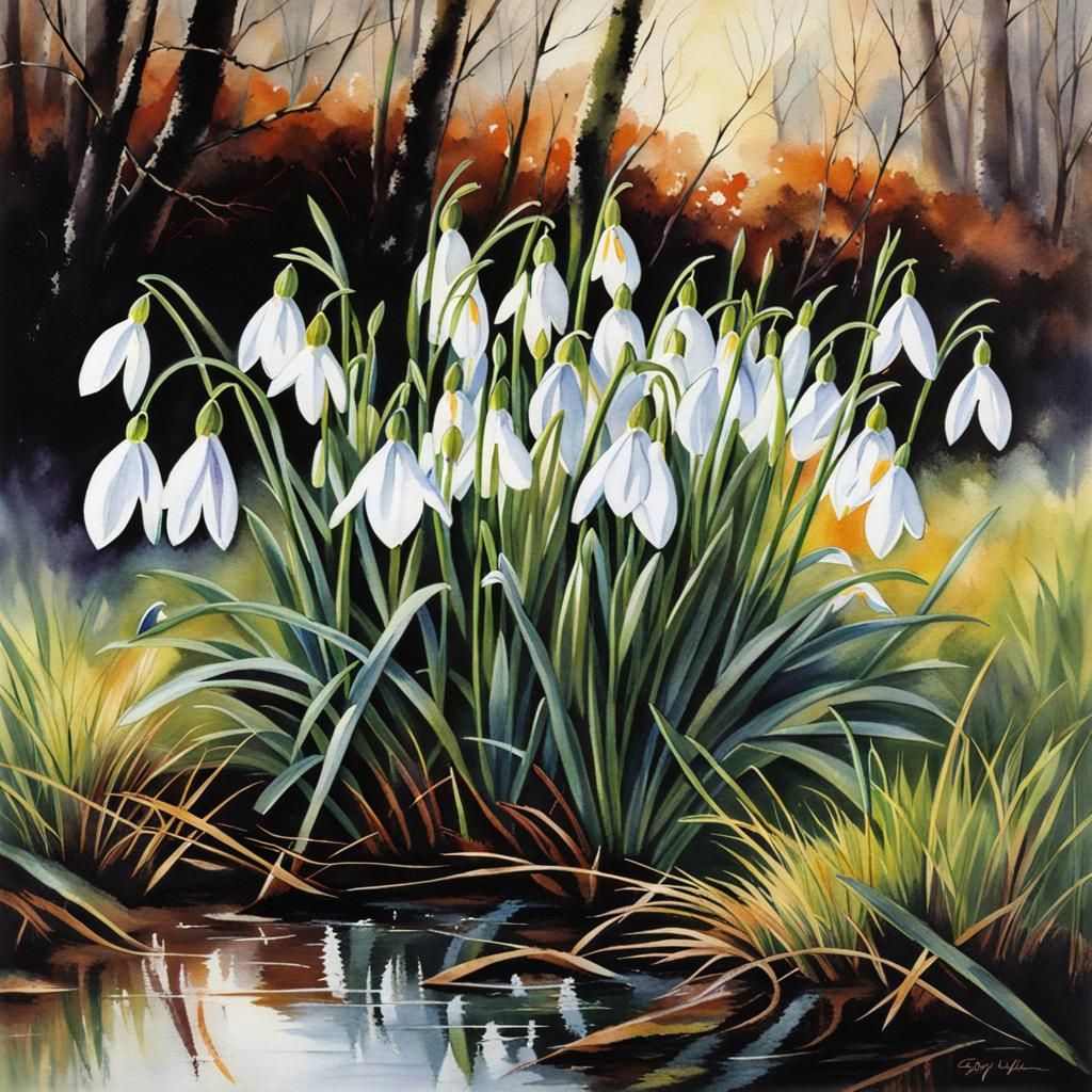 Snowdrops and Crocus Announce Spring: Watercolor