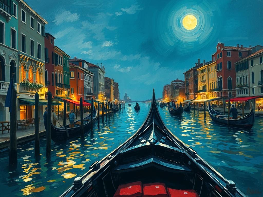 Moonlit Venice Gondola Ride in Impressionistic Style