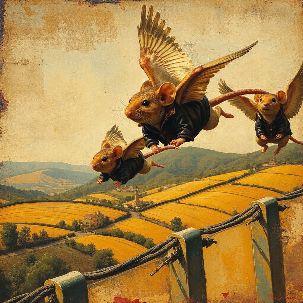 Flying Mice in Italian Landscape, Mixed Media Art