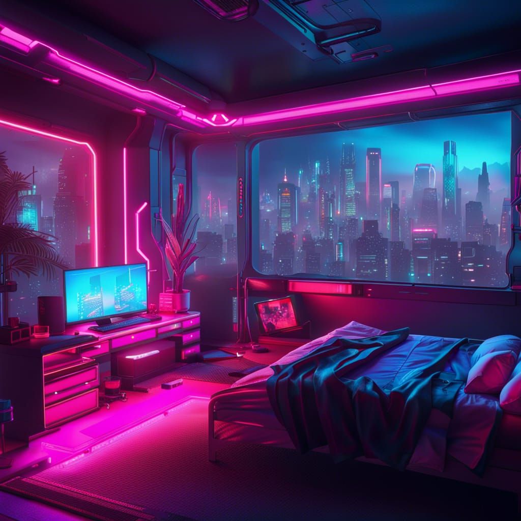 Cyberpunk Bedroom with Neon City View