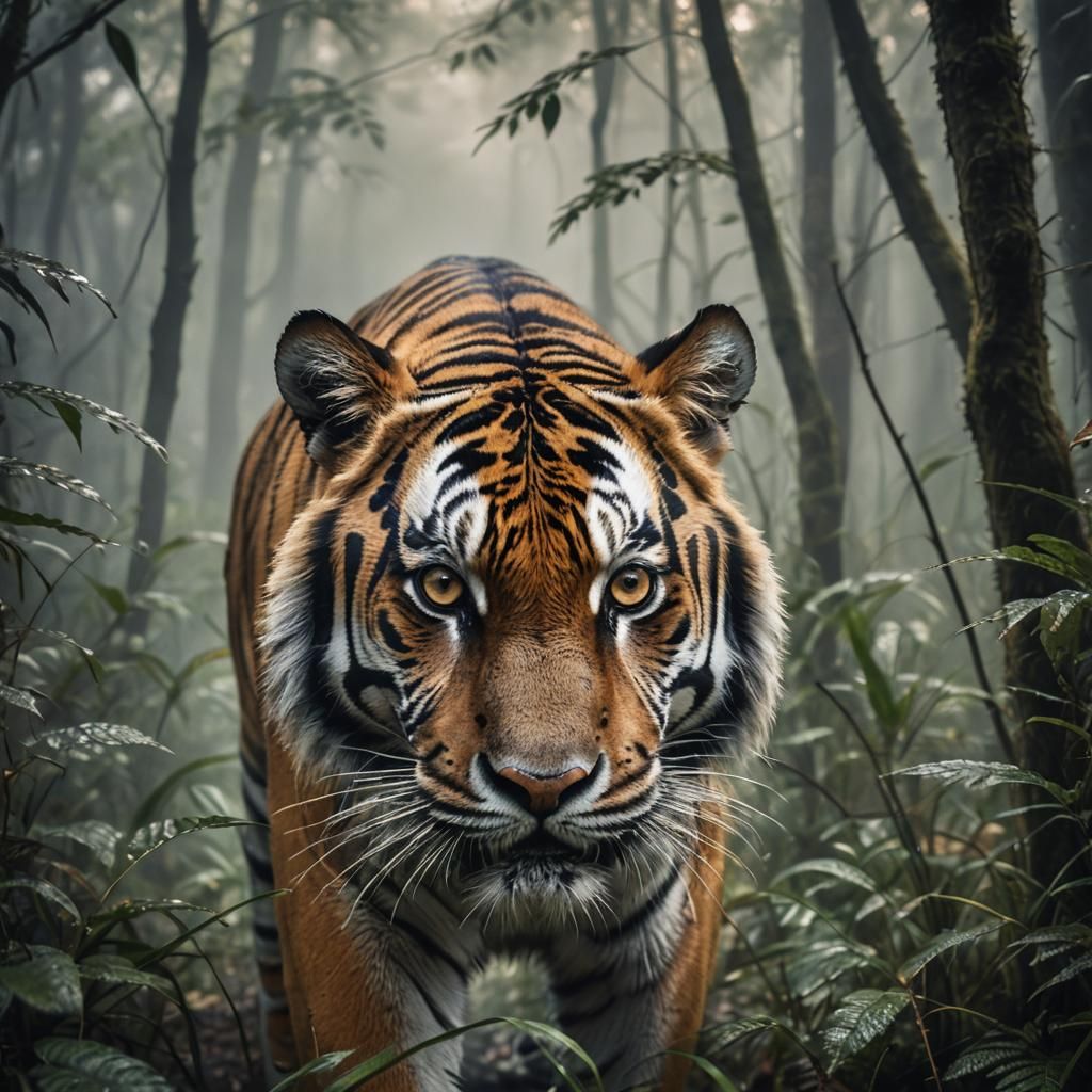 Intense Tiger Portrait in Misty Forest