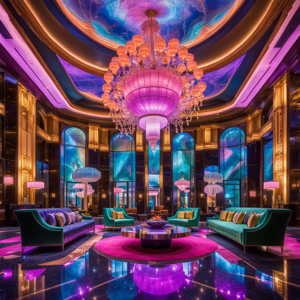 Opulent Hotel Lobby with Neon Lights, Art Nouveau Style