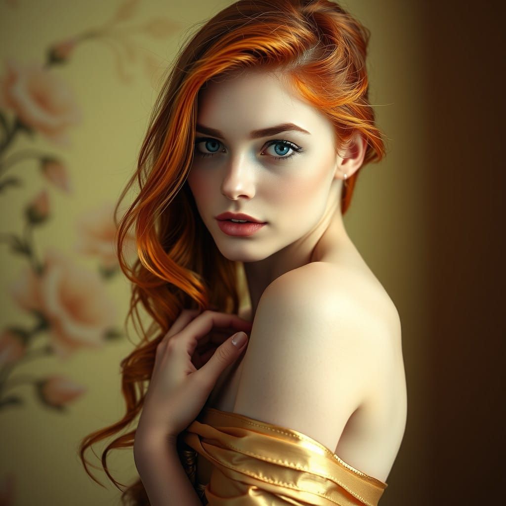 Ethereal Portrait of a Red-Haired Beauty in Golden Tones