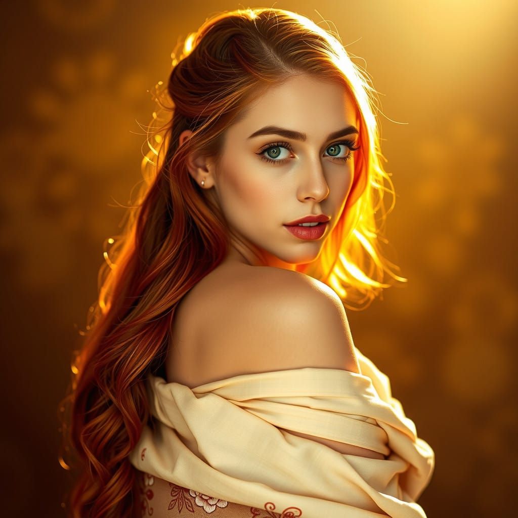 Ethereal Redhead Goddess Illuminated in Warm Golden Light