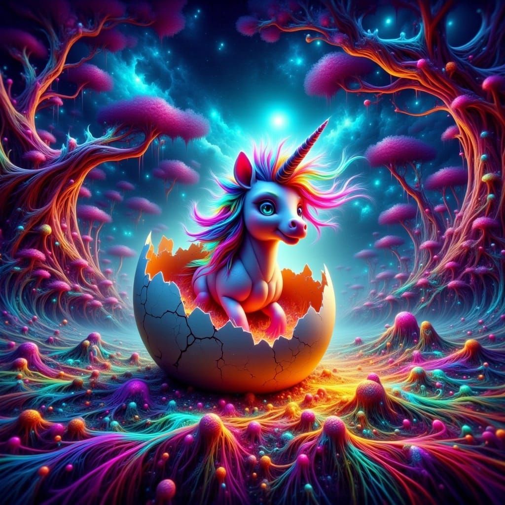 Chibi Unicorn Hatching in Bioluminescent Forest