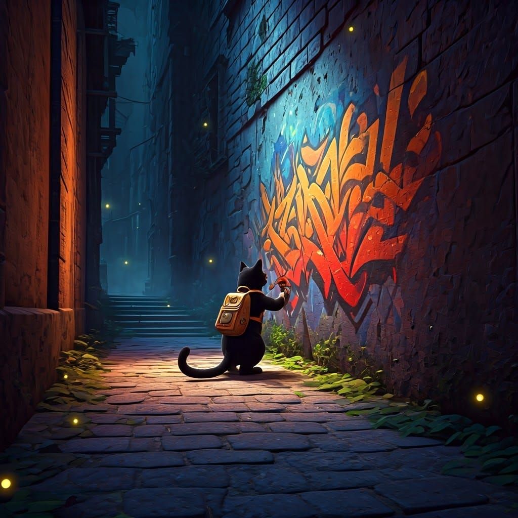Mystical Cat Graffiti in Fantasy Matte Painting Style