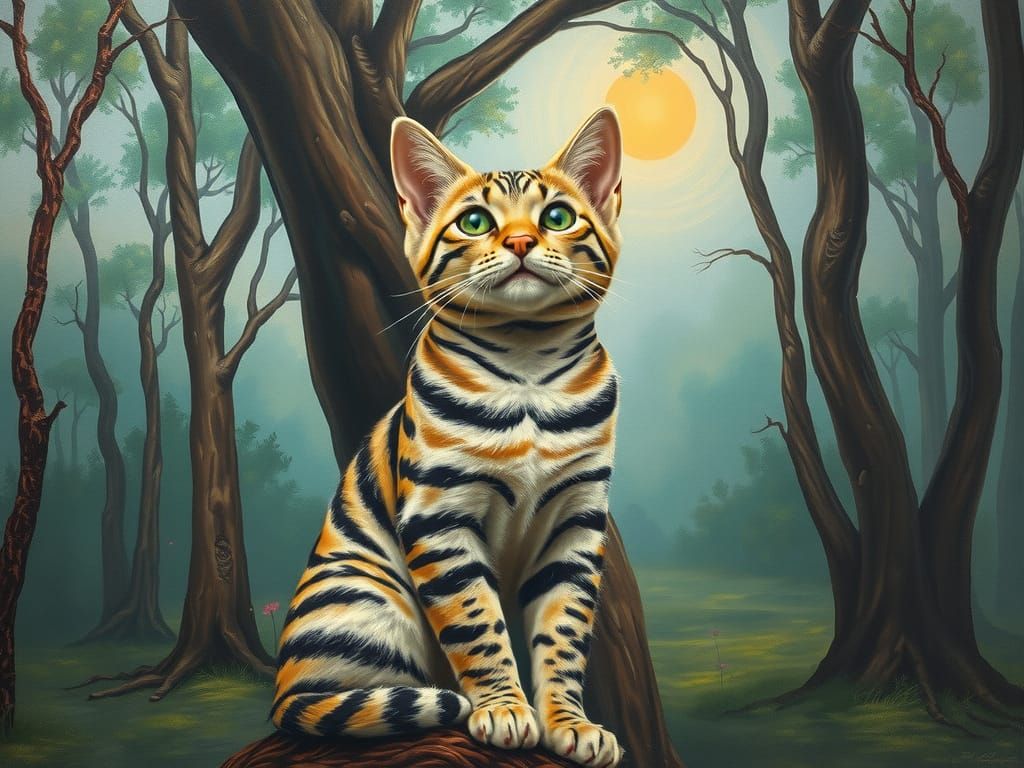 Whimsical Cat in a Surreal Forest