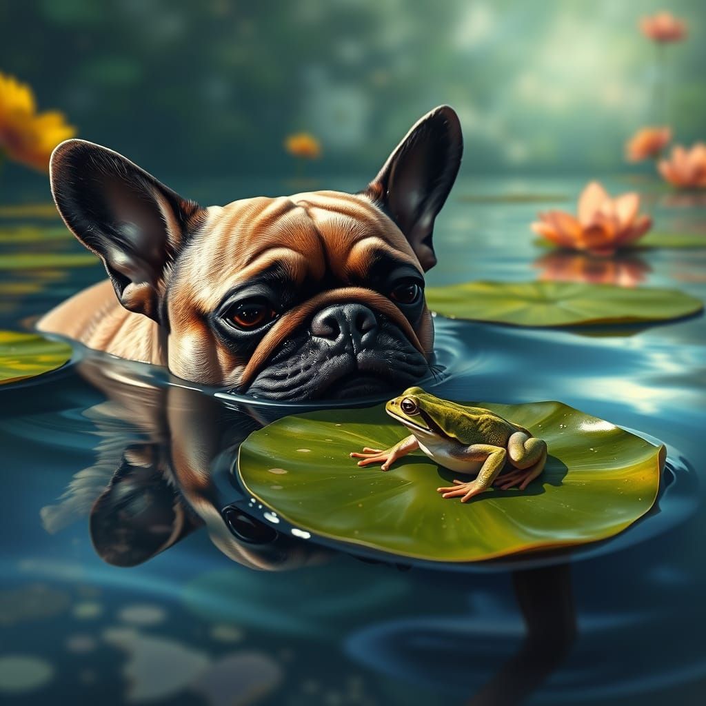 French Bulldog and Frog in Serene Waters
