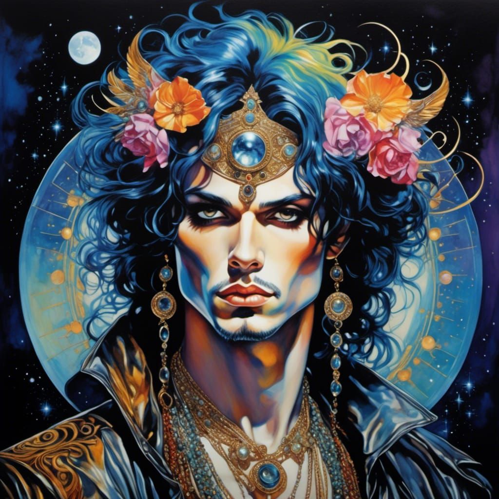 Cosmic Goth Figure under Psychedelic Moon in Watercolor