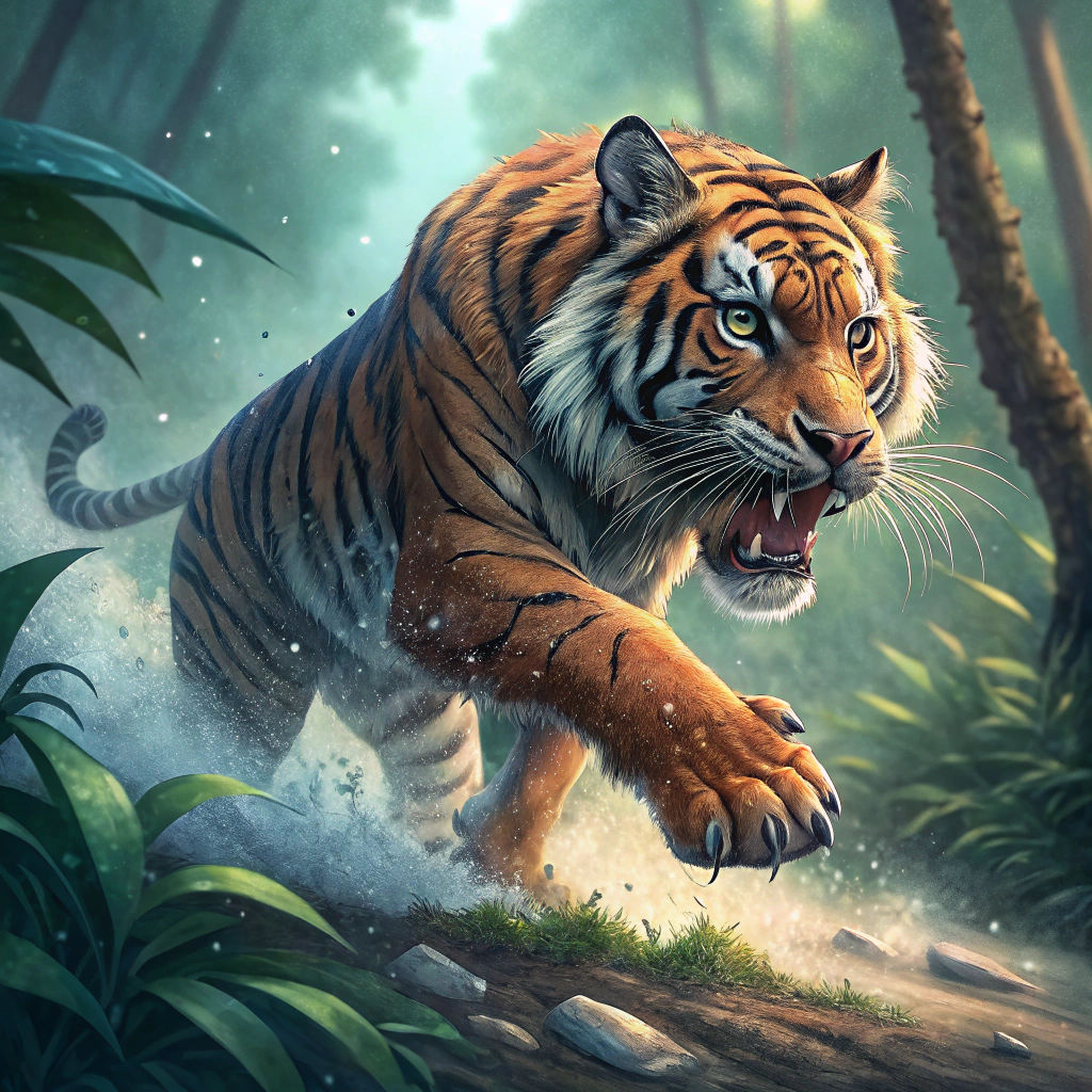Ferocious Bengal Tiger Mid-Pounce: Hyperrealistic Digital Ar...