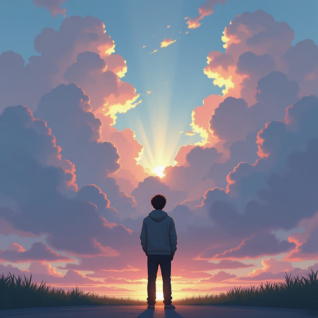 Man Gazing at Sunlight Piercing Dreamy Clouds
