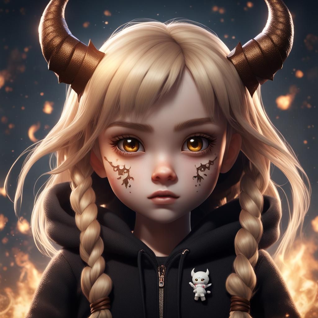 Hyperrealistic Chibi Demon Girl in Detailed Digital Art