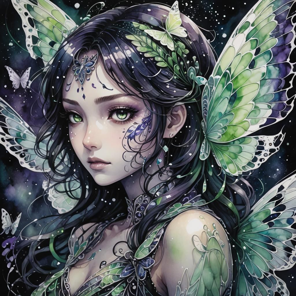 Icy Butterfly in Dark Anime Style with Zentangle