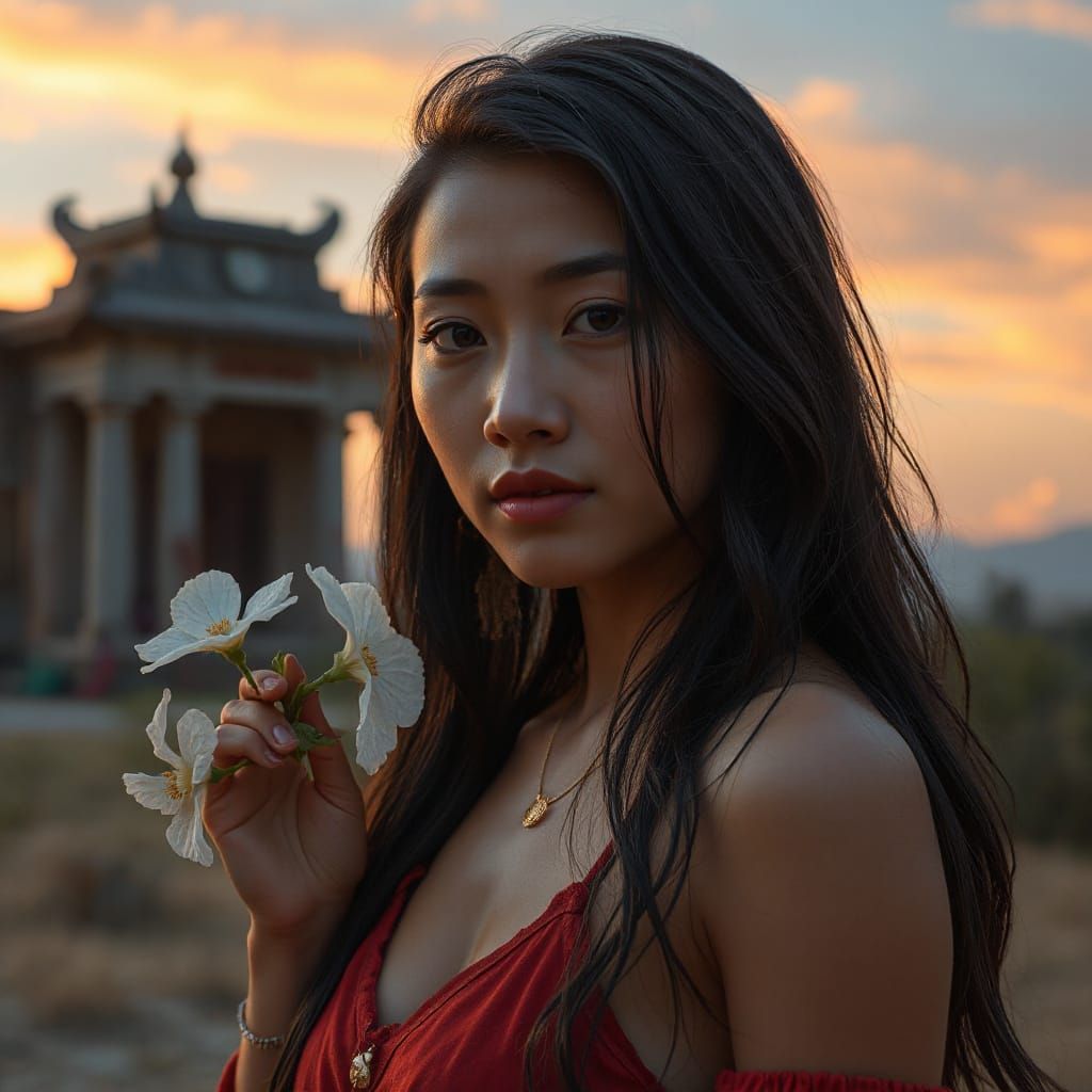 Mongolian Woman in Ancient Temple, Hyperrealistic Painting