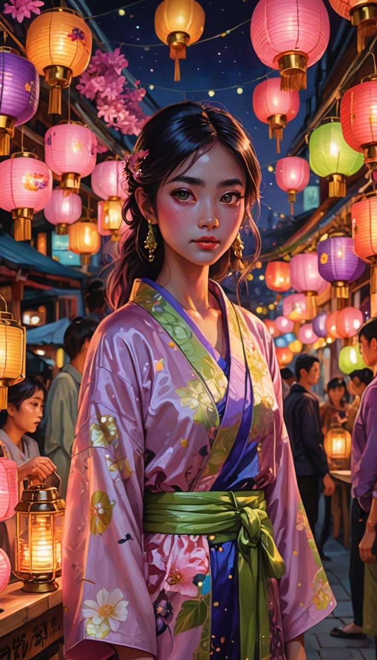 Girl in Night Market: Detailed Oil Painting