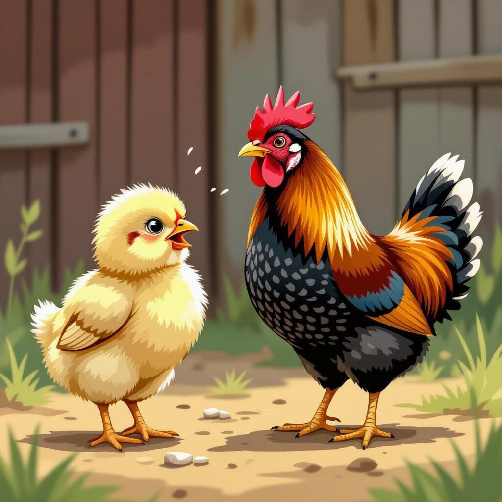 Charming Chick Scolding Chicken in Whimsical Illustration