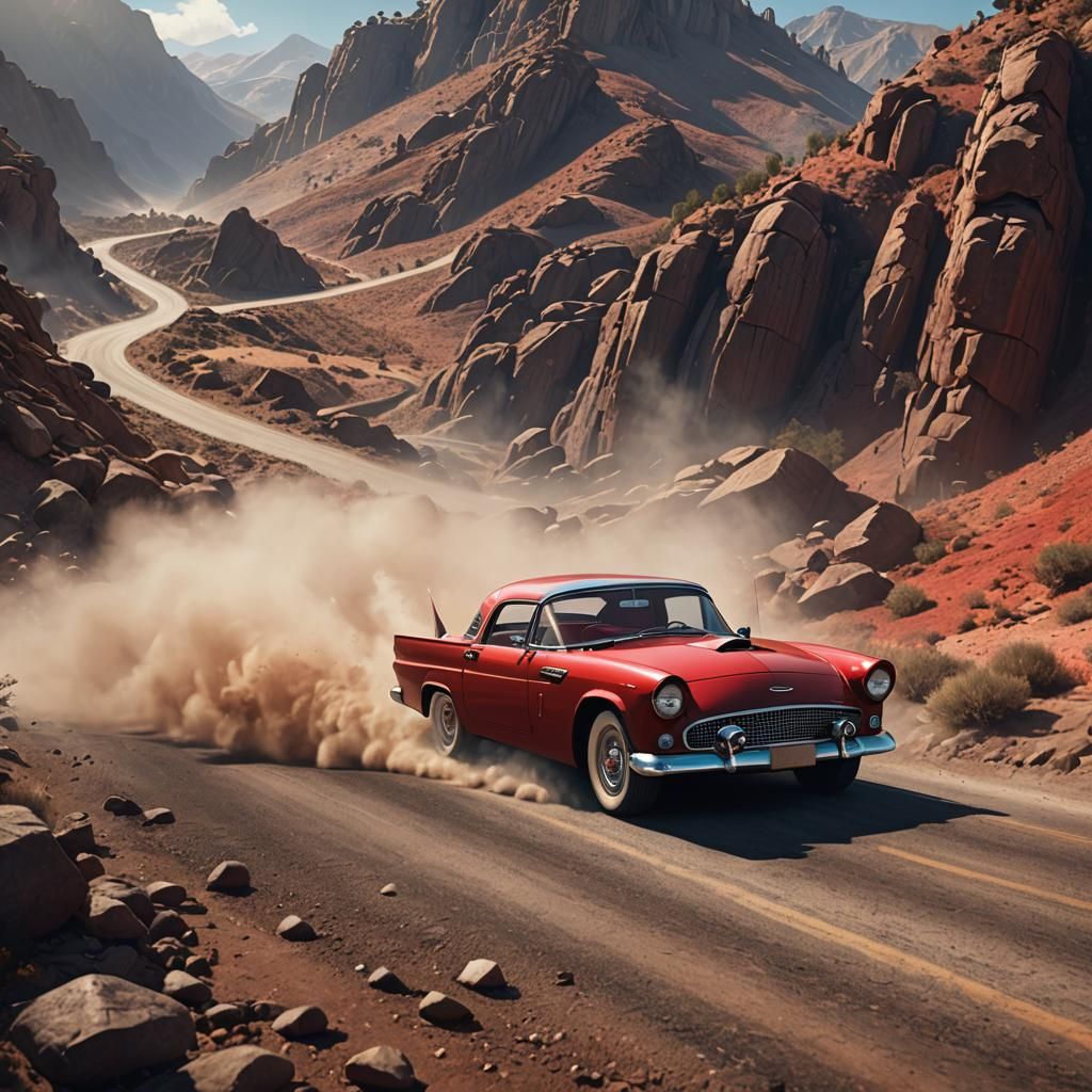 Red 1955 Thunderbird on Mountain Road