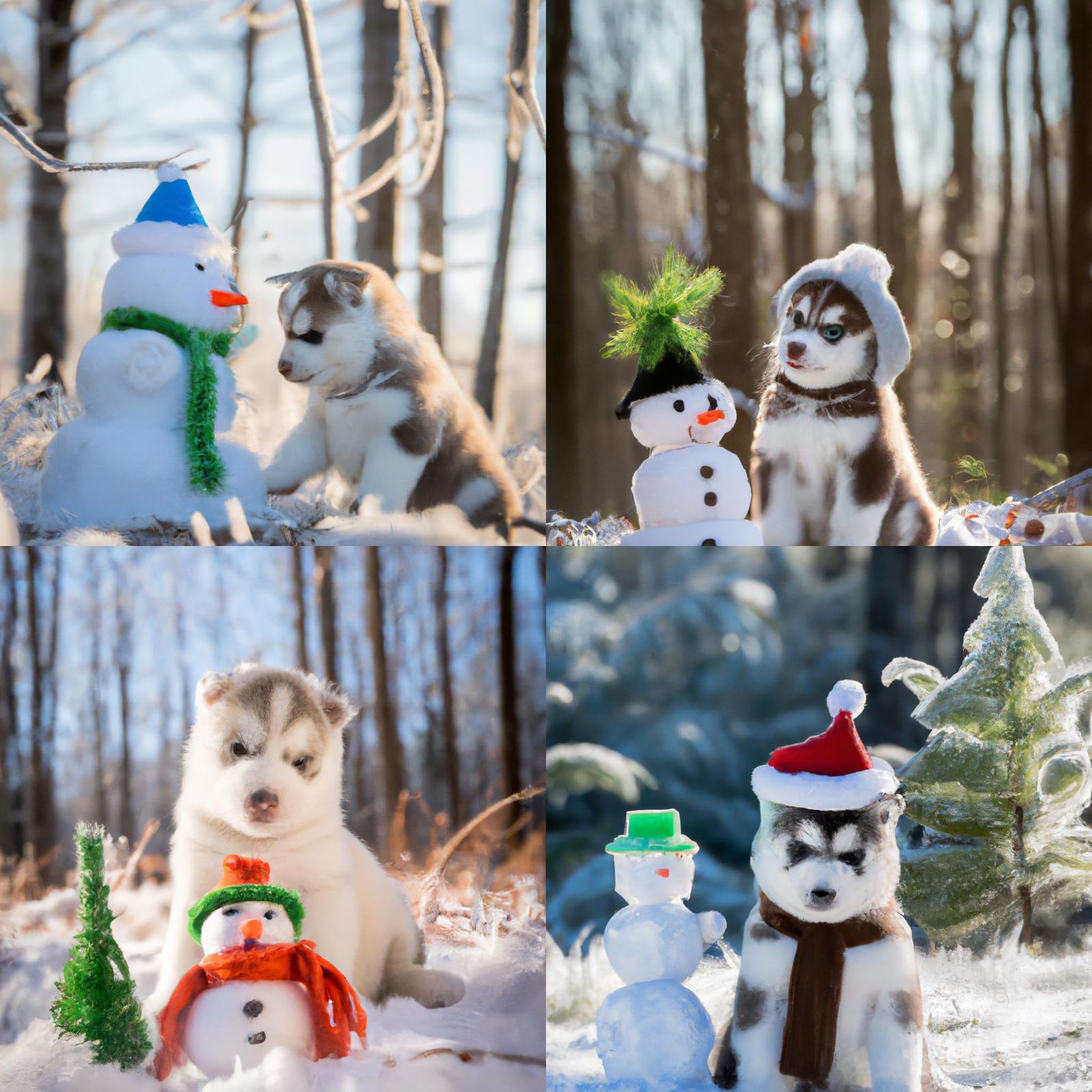 Husky Puppy and Snowman in Winter Wonderland