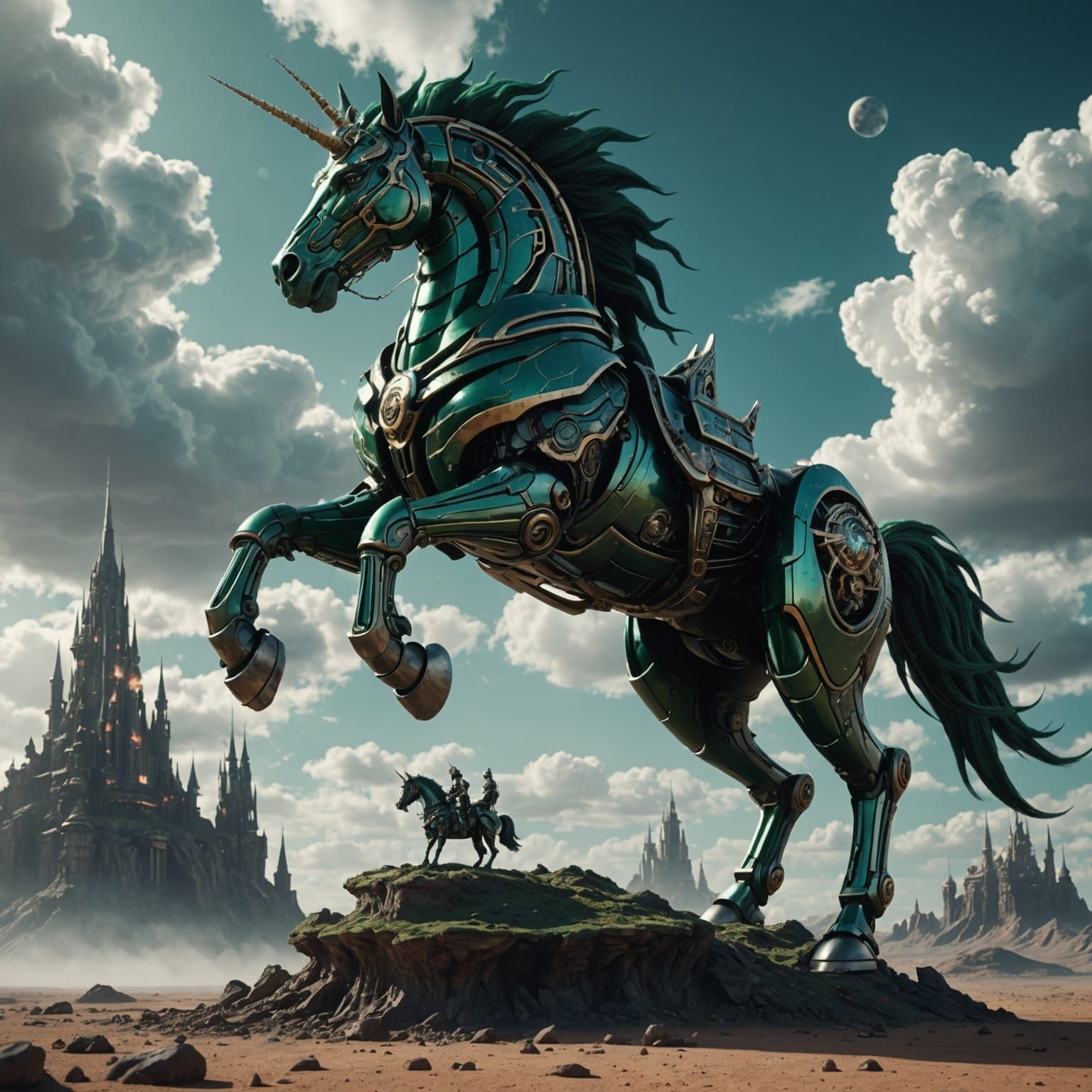 Green Unicorn on Alien Planet with Cyber Castle