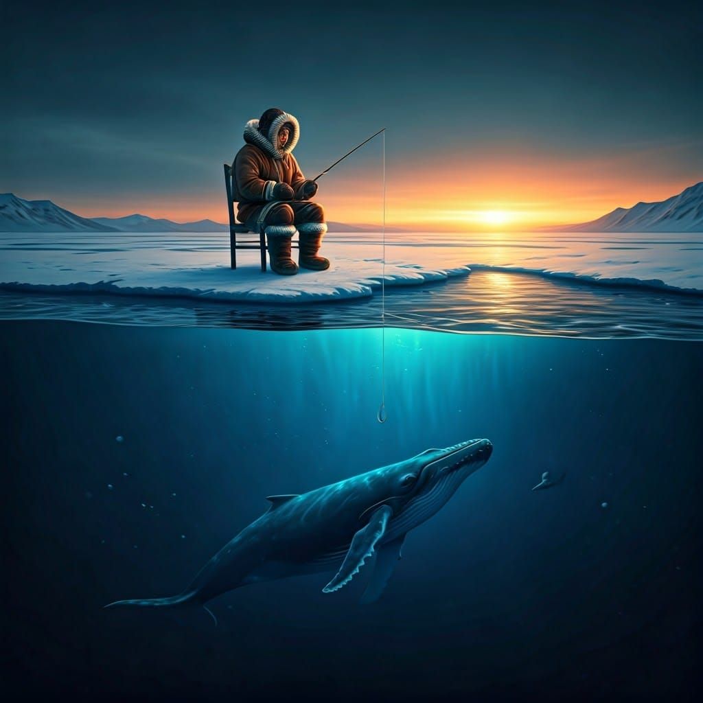 In Anarctica, an Eskimo man is sitting on a chair and has a fishing rod in his hand. The Eskimo man is on a frozen lake....
