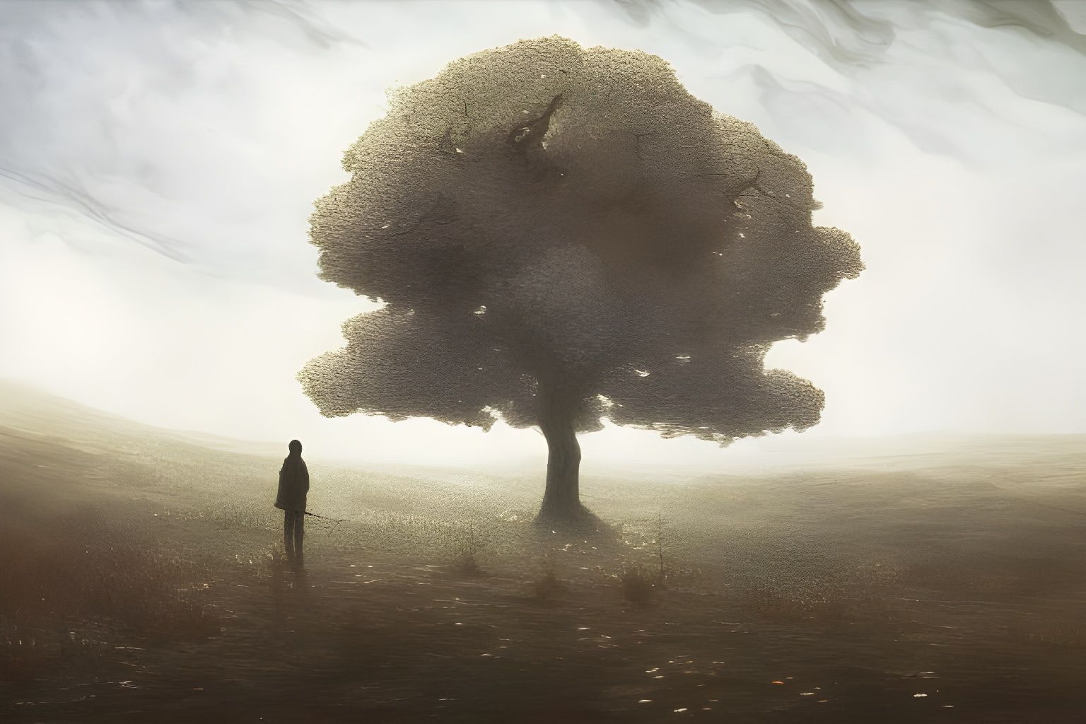 Lonely Figure Beside Withered Tree in Expressionism