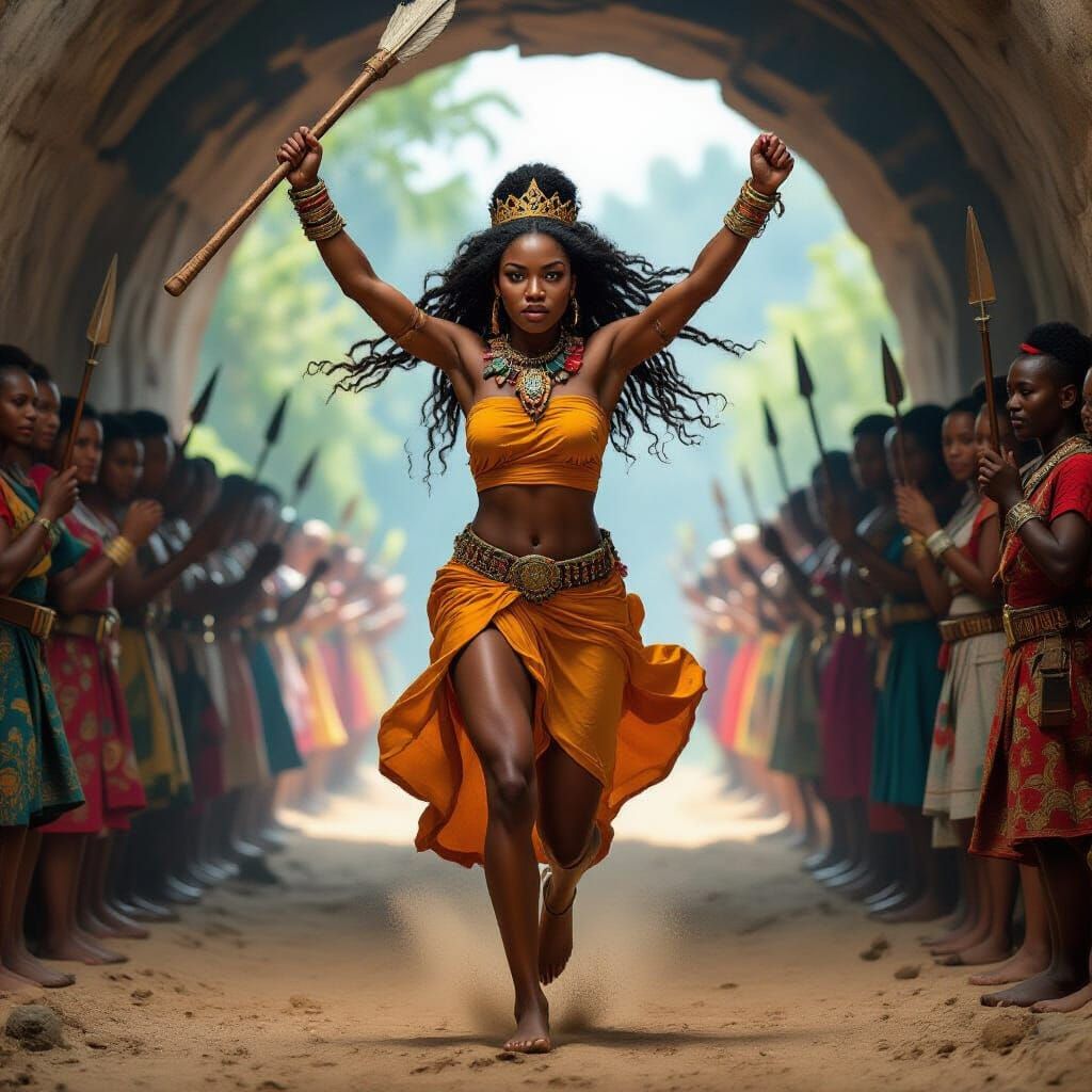 African Queen Races Through Tunnel in Expressionist Style