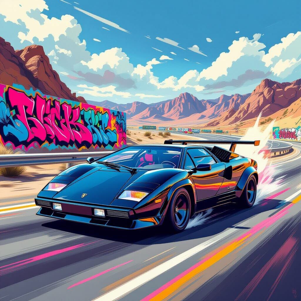 Lamborghini Countach in Graffiti Desert Landscape