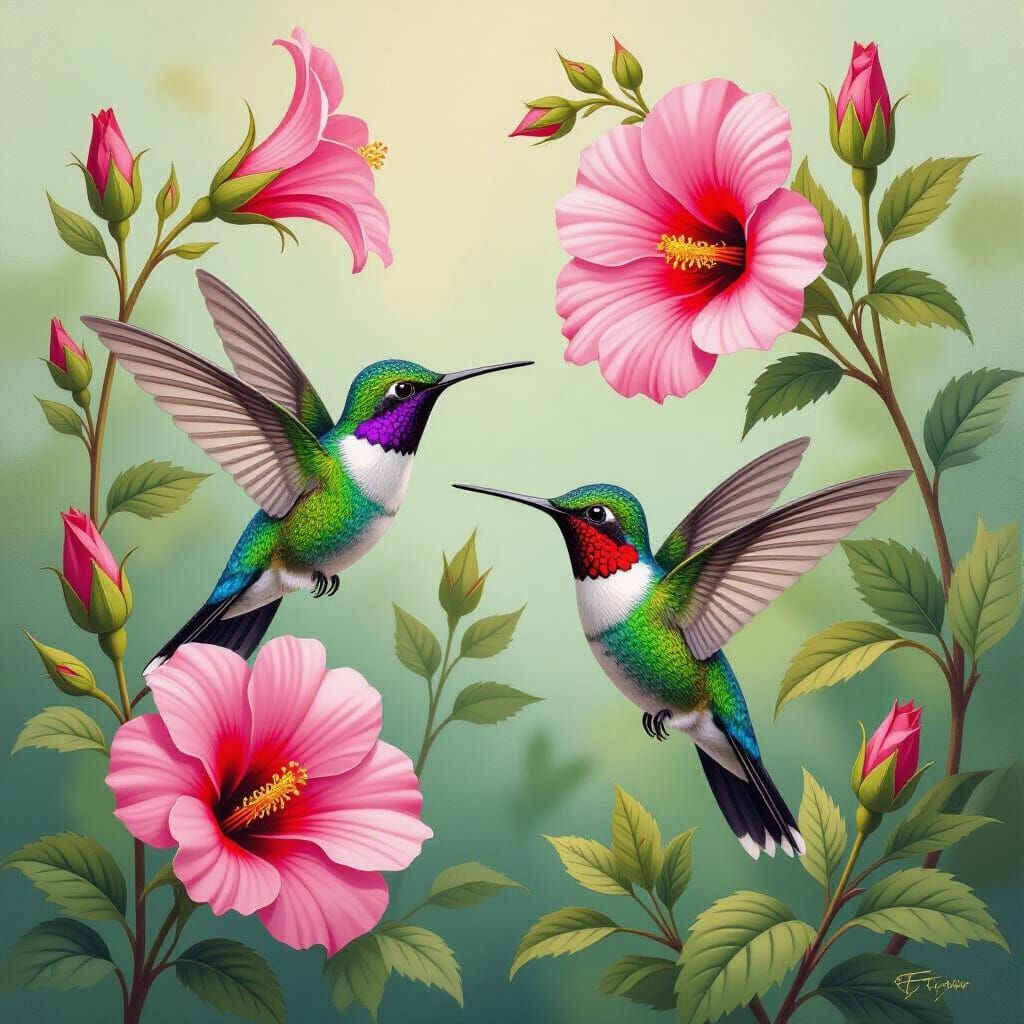 Hummingbirds and Flowers in Botanical Illustration Style