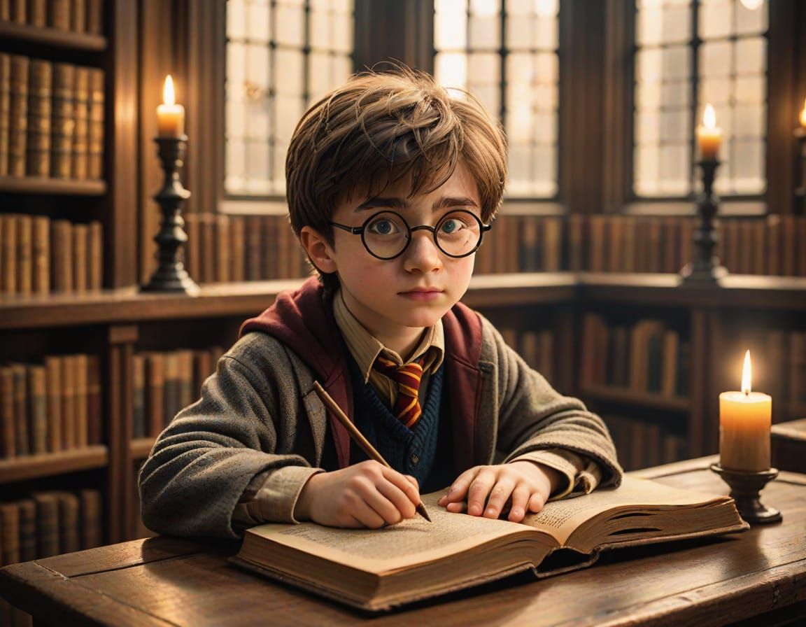 Harry Potter as a Young Boy in a Cozy Hogwarts Library
