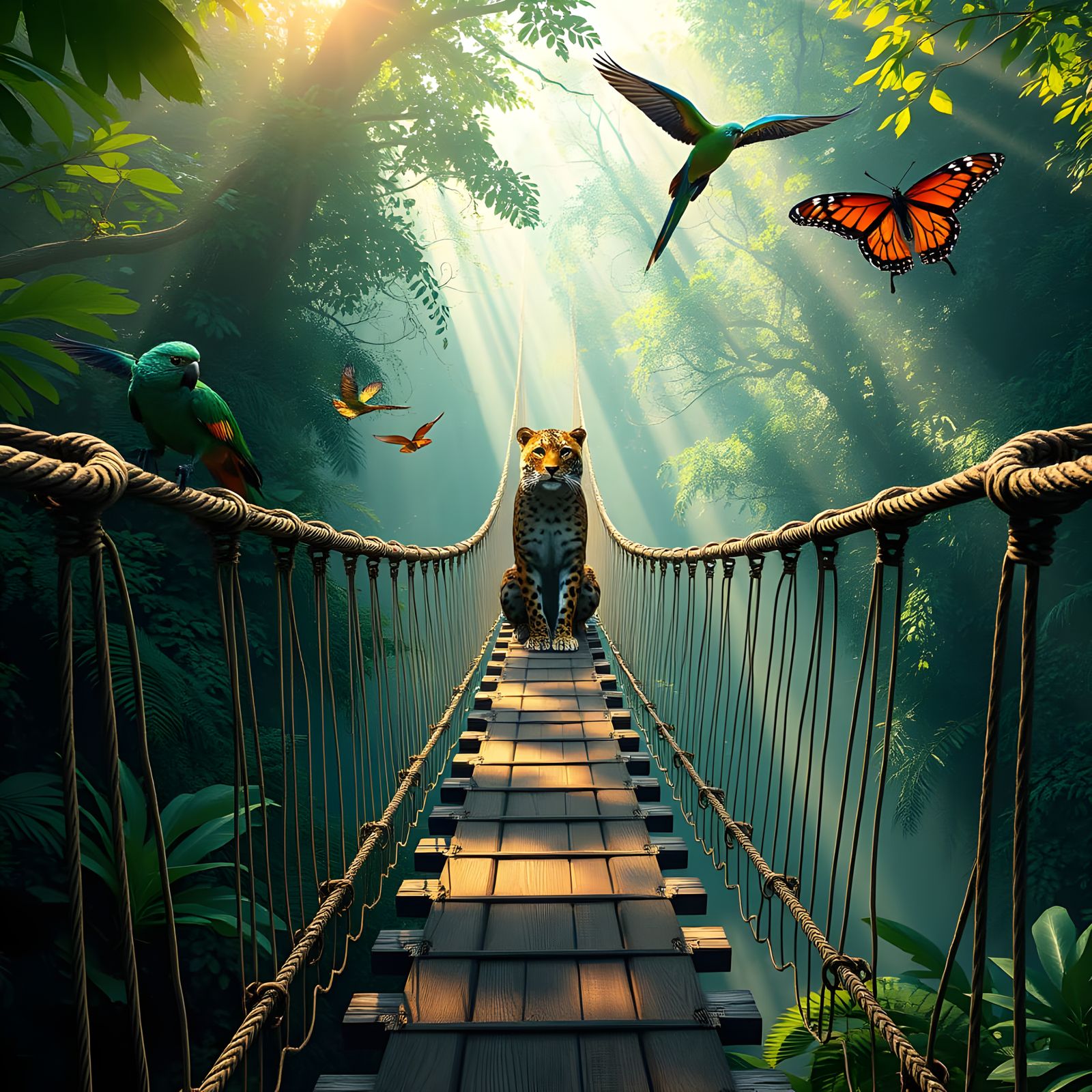 Jungle Fantasy Bridge with Butterflies and Jaguars