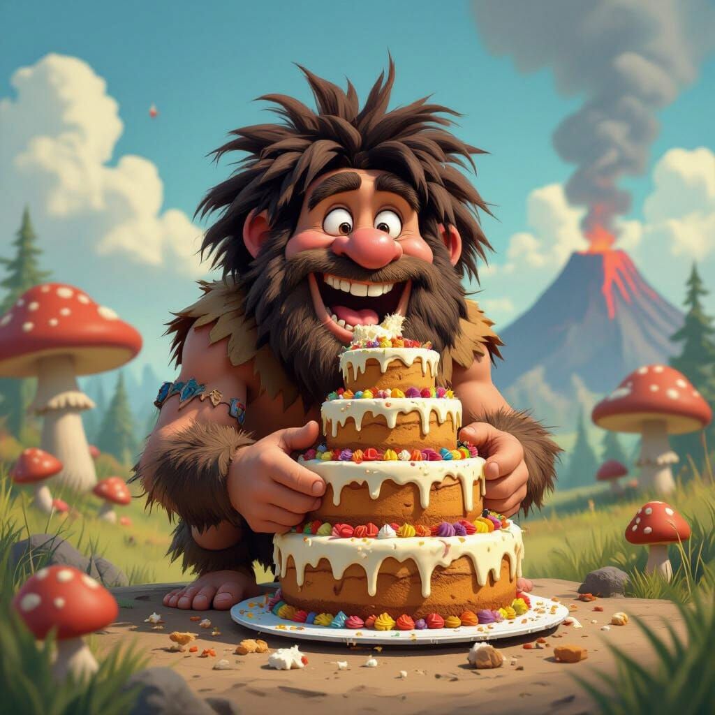 Funny Neanderthal Enjoys Birthday Cake in Cartoon Style
