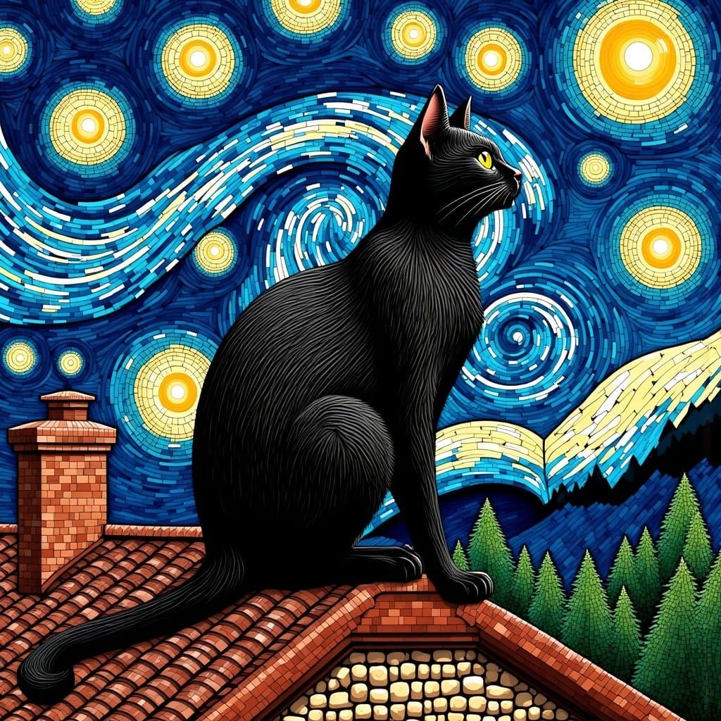 Black Cat in Starry Night Sky as Post-Impressionist Art