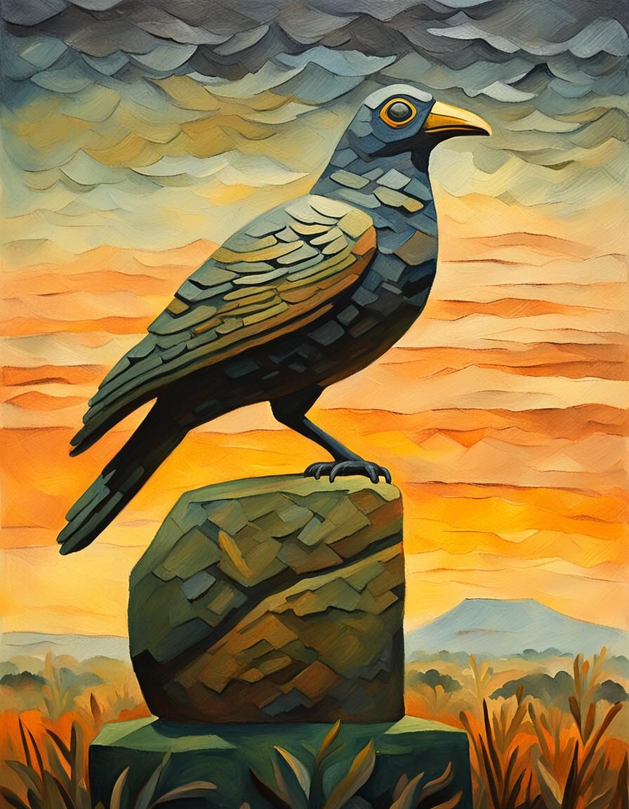 Impressionist Stone Bird Statue in Misty Savannah