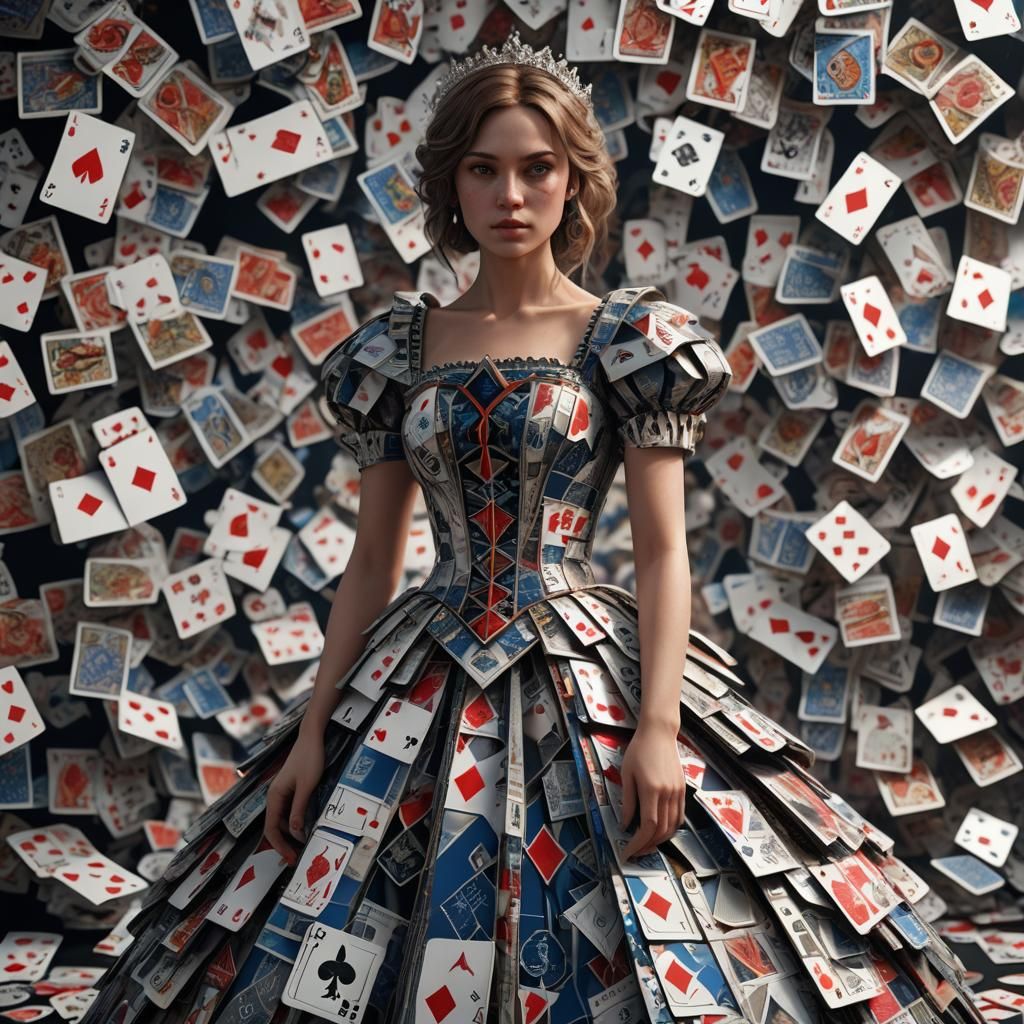 a woman in a dress made out of playing cards