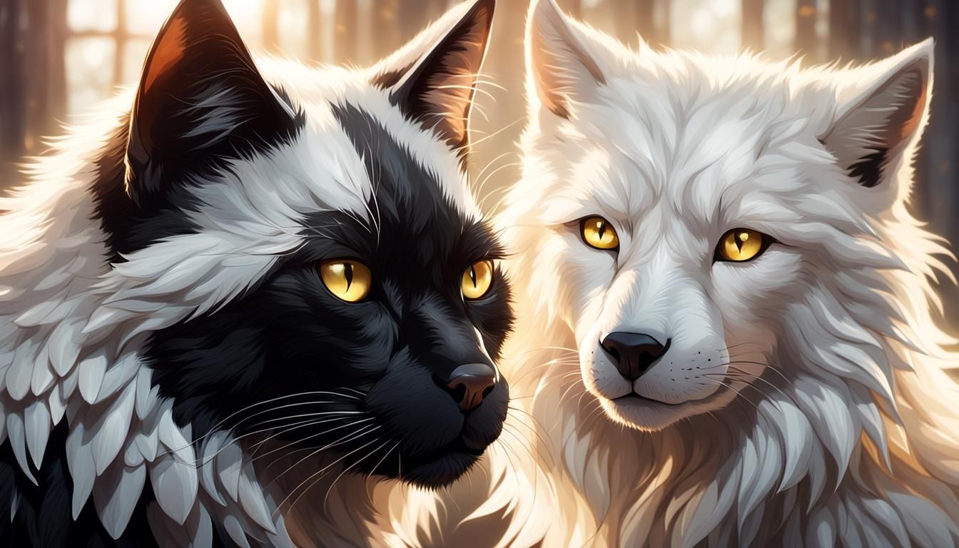 Majestic Cat and Wolf Portrait in Photorealistic Style