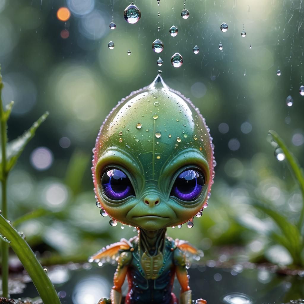 Adorable Alien Gazing at Reflection in Dewdrop