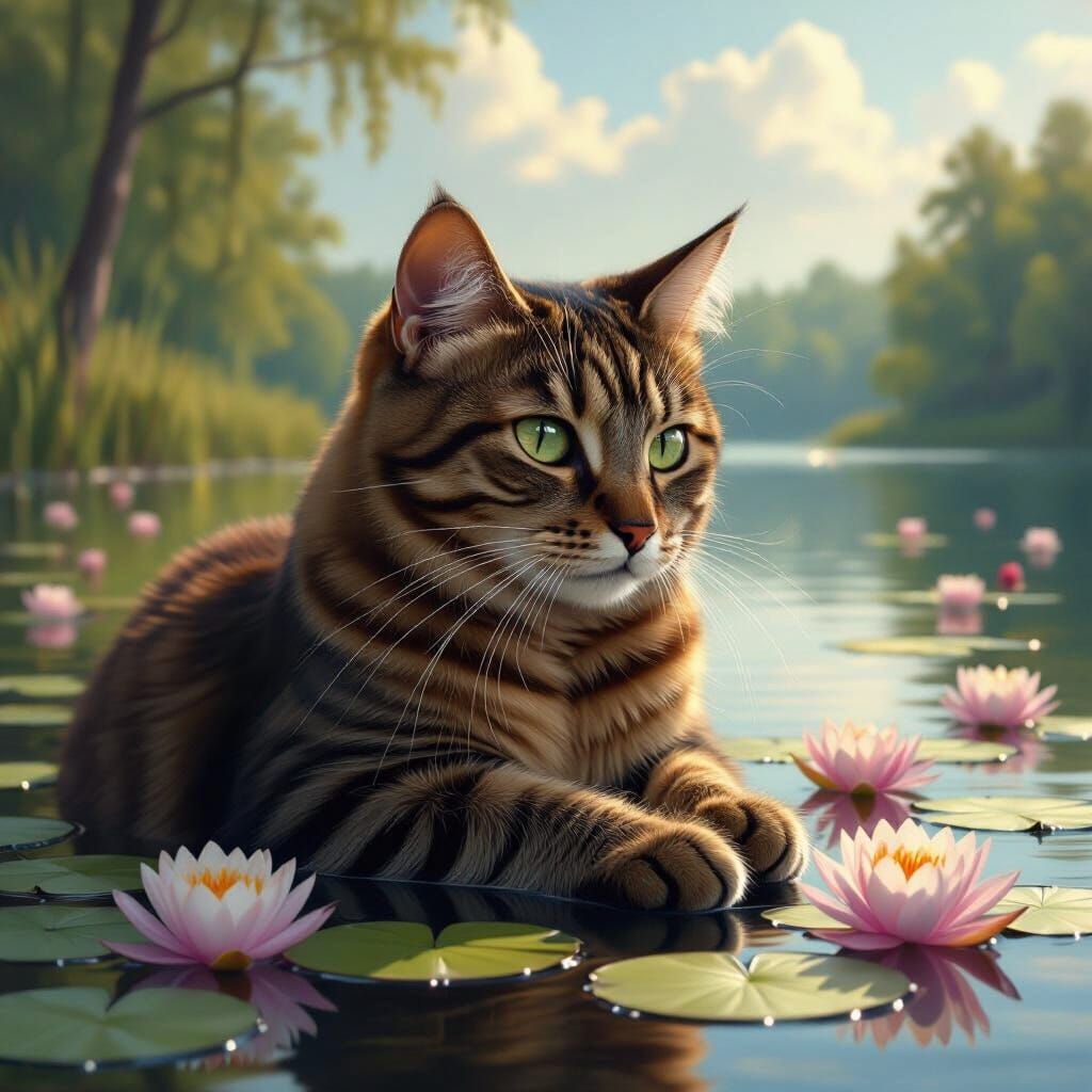 Tabby Cat by Lake: Hyperrealistic Hudson River School Style