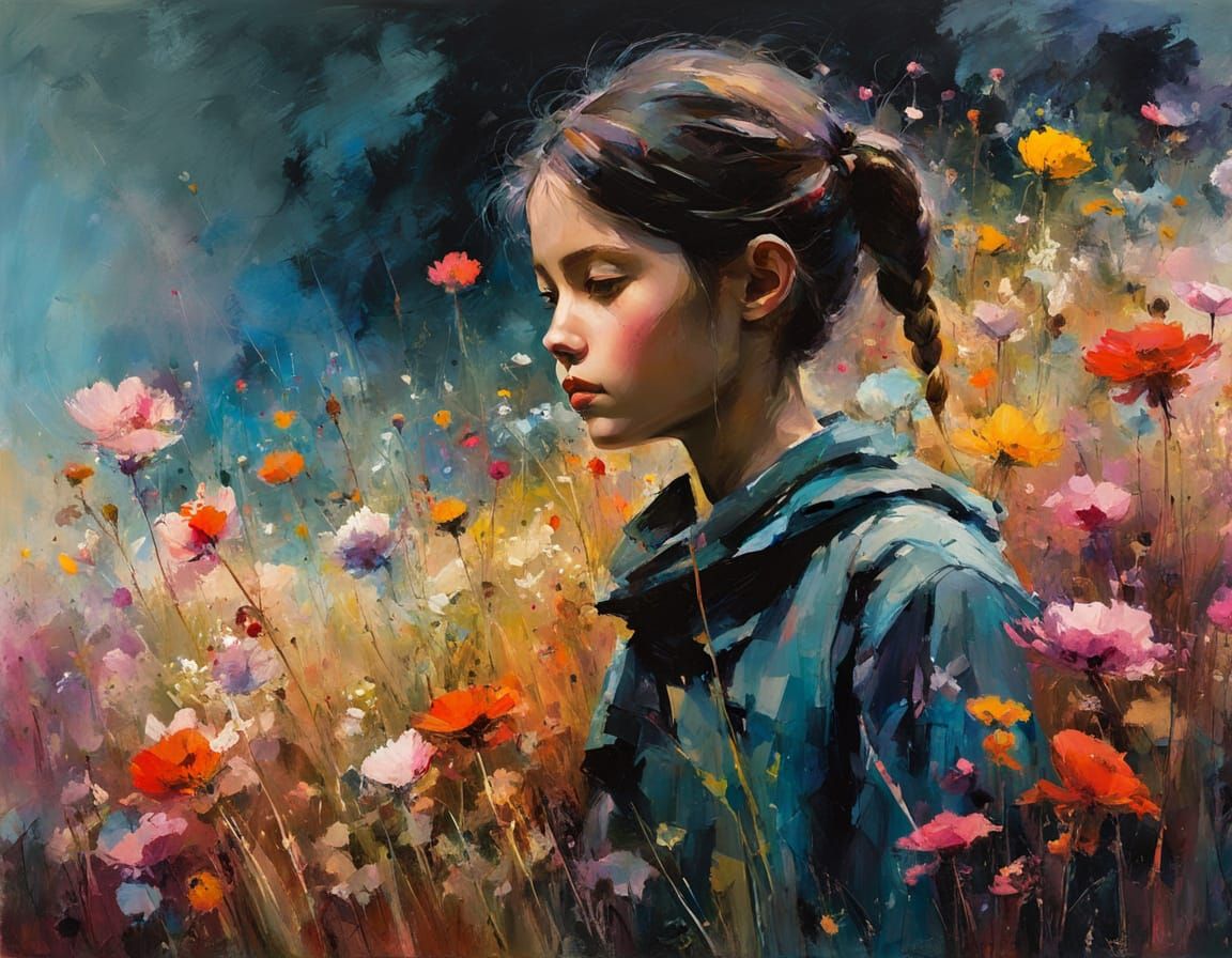 Mystical Girl in a Vibrant Floral Oasis
