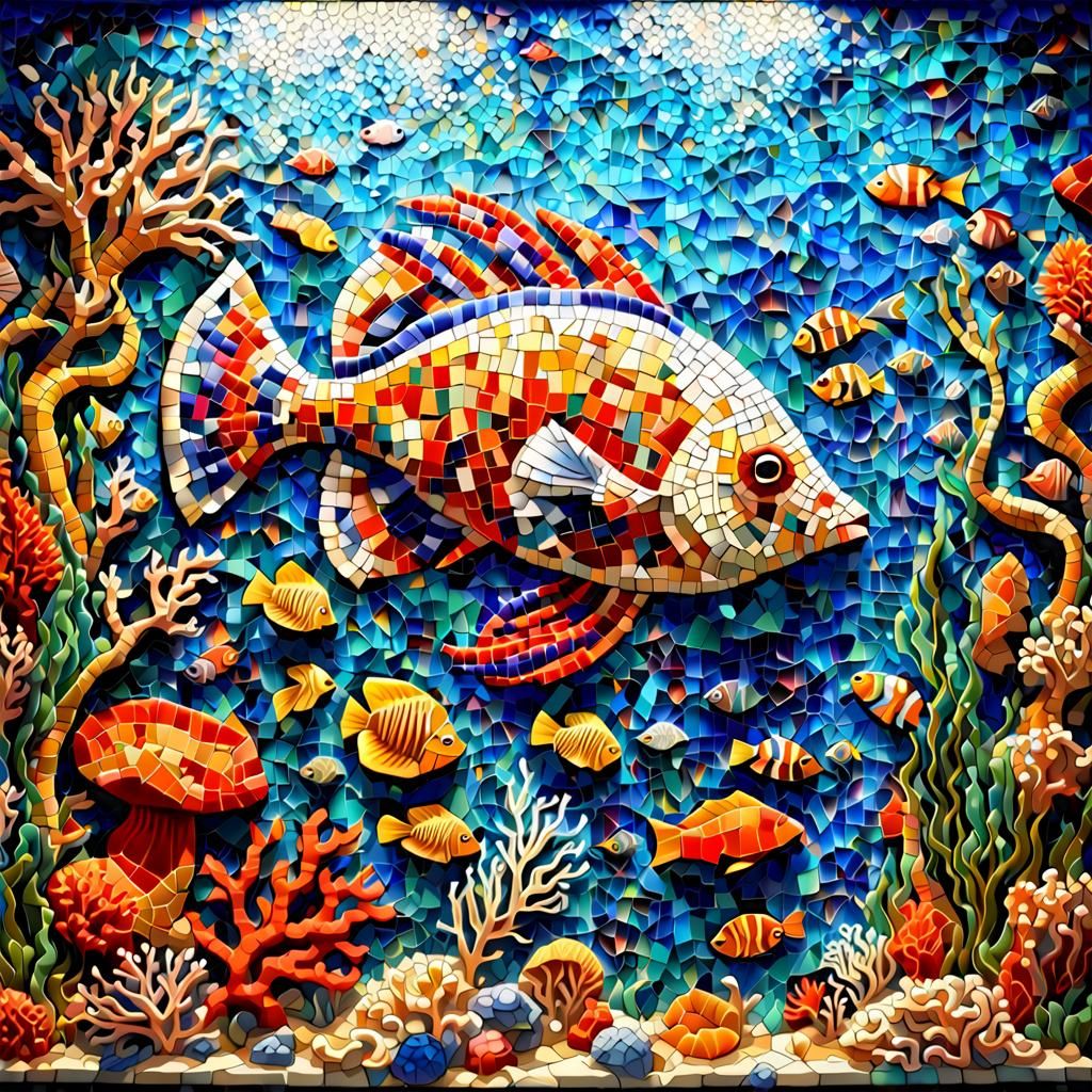 Aquatic Mosaic Art: Underwater Scene in Gleaming Detail