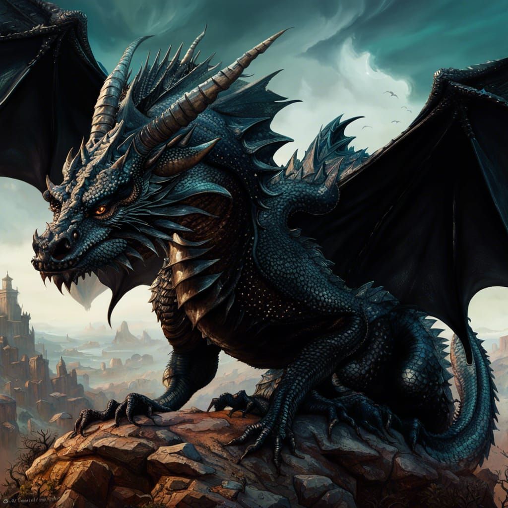 Terrifying Black Dragon Stares Intently, Fantasycore Art