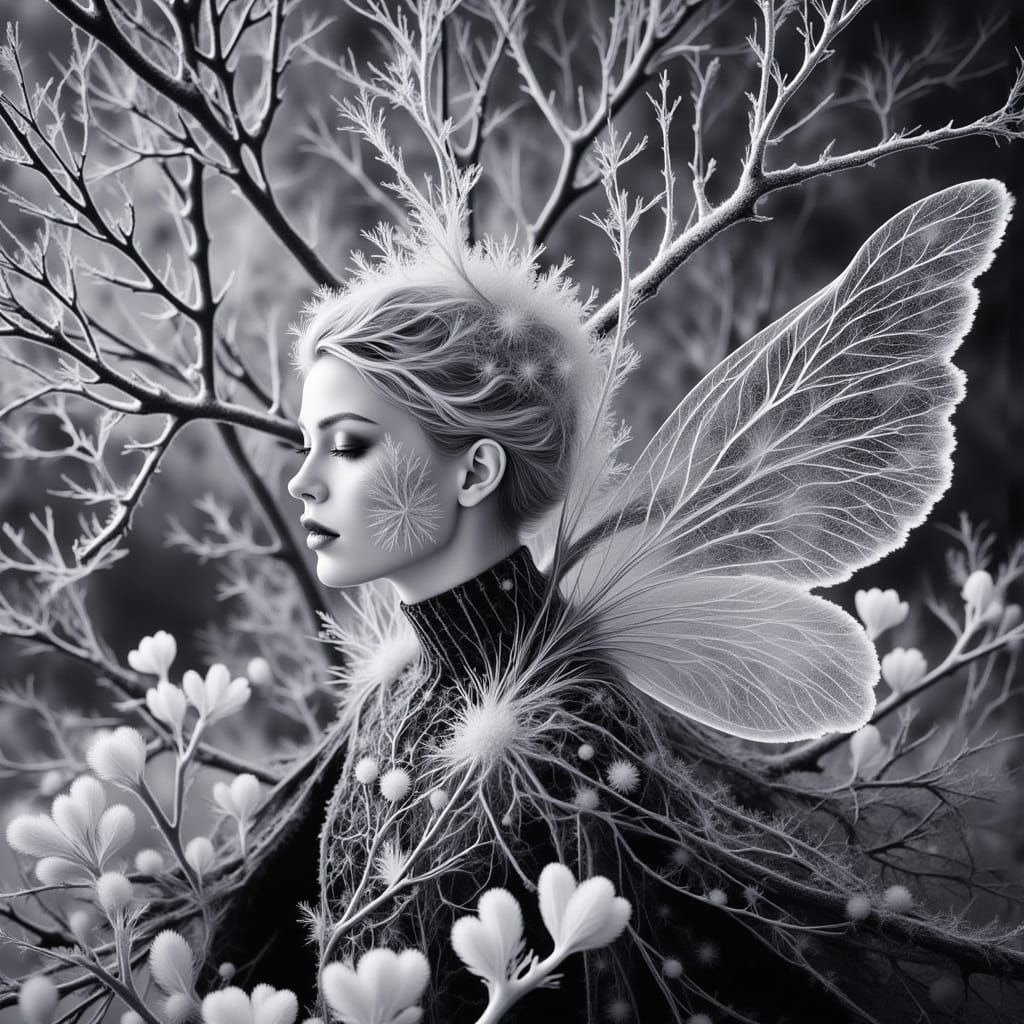 Ethereal Snow Fairy Portrait in Infrared Black and White