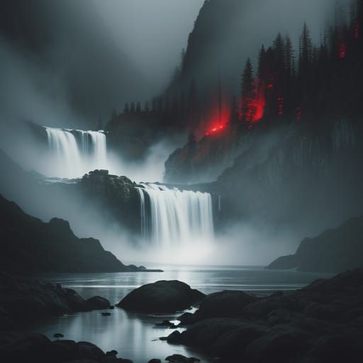 Cinematic Landscape of Ominous Waterfall