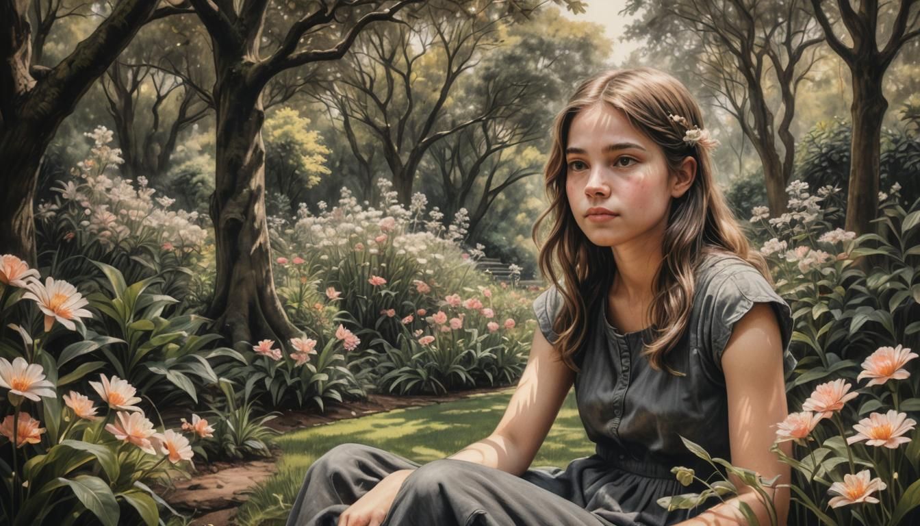 Girl in Lush Garden: Hyperdetailed Charcoal Drawing