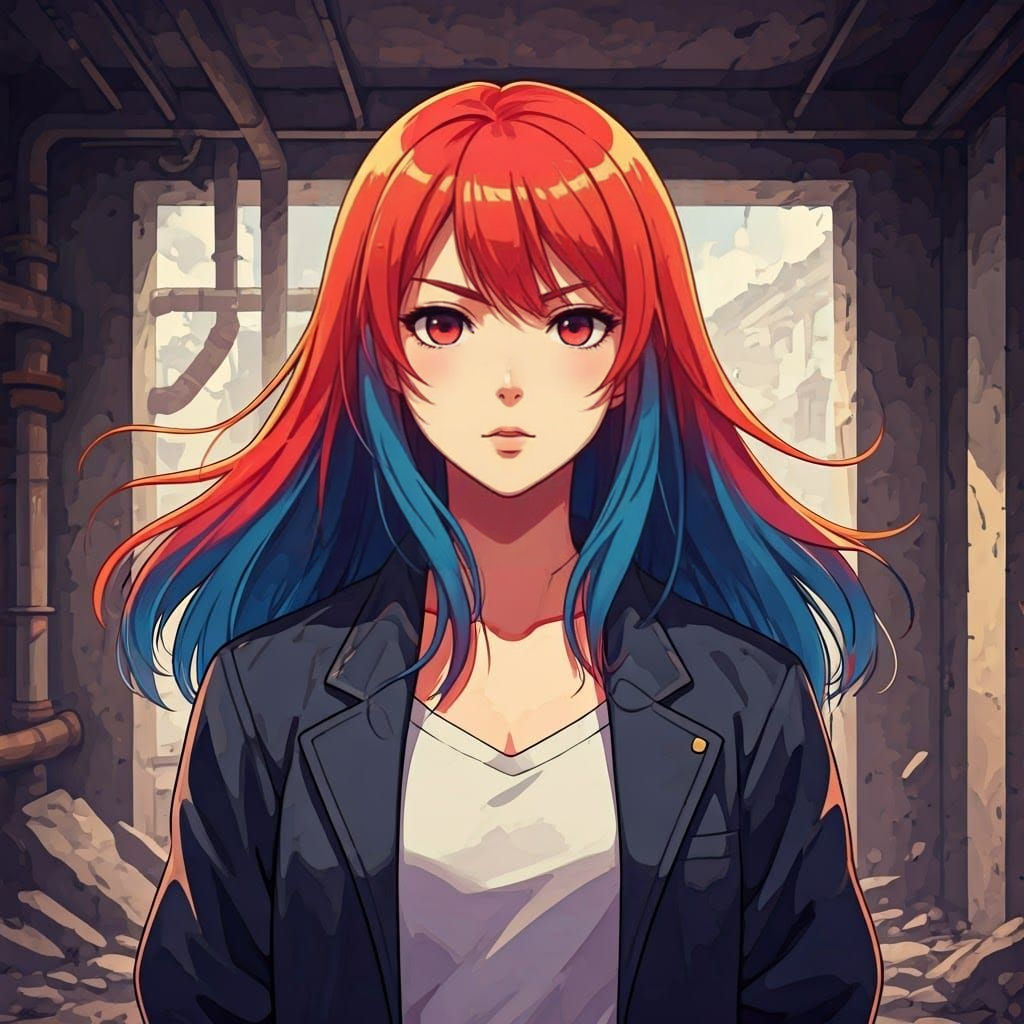 Vibrant Red-Blue Goddess in Brutalist Concrete