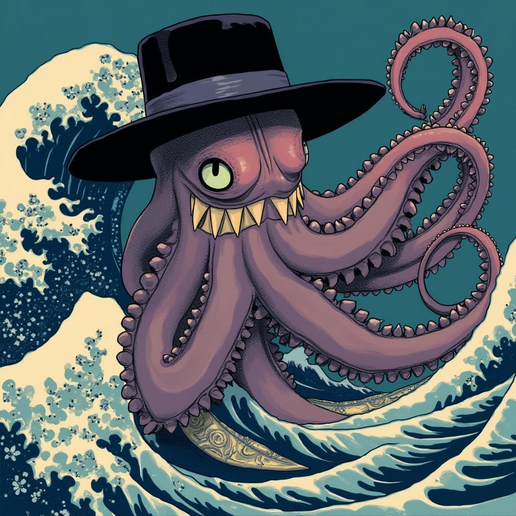 Ultros the Octopus Monster Tipping Fedora, Ukiyo-e Style