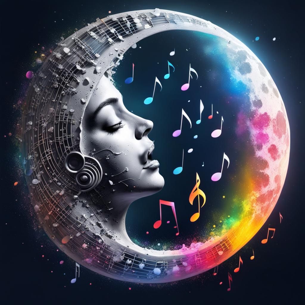 Musical Notes on the Moon: Hyperrealistic Splash Art
