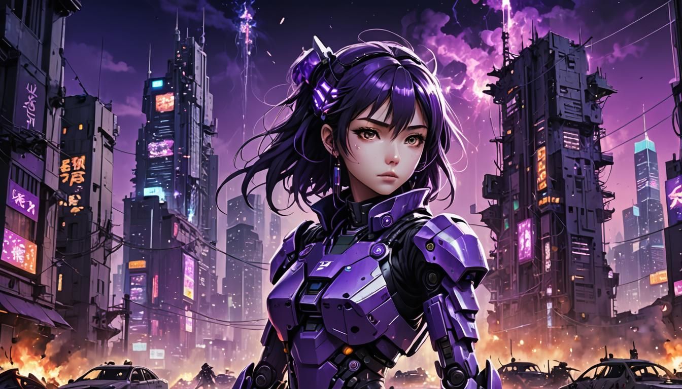 Anime-Style Cyborg in a Cyberpunk Cityscape