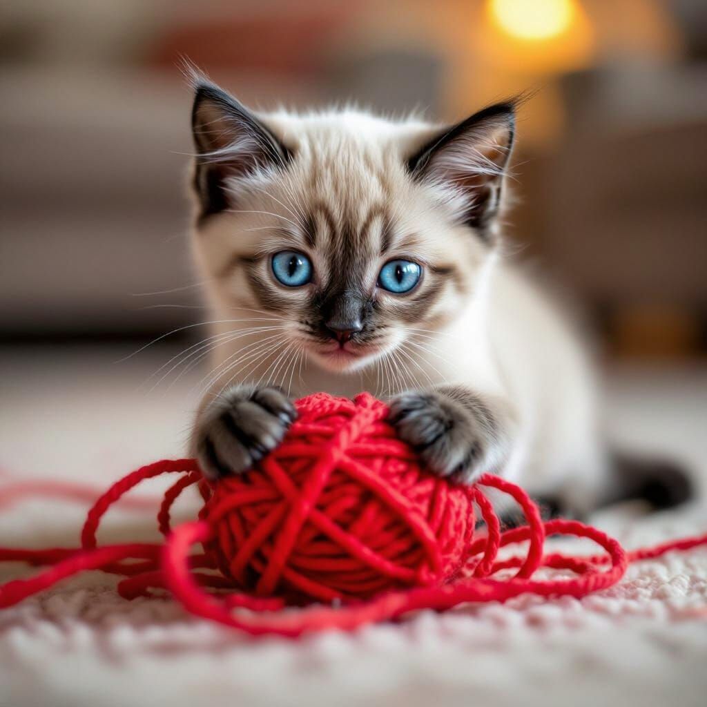 Cute Siamese Kitten Plays with Red Yarn Ball