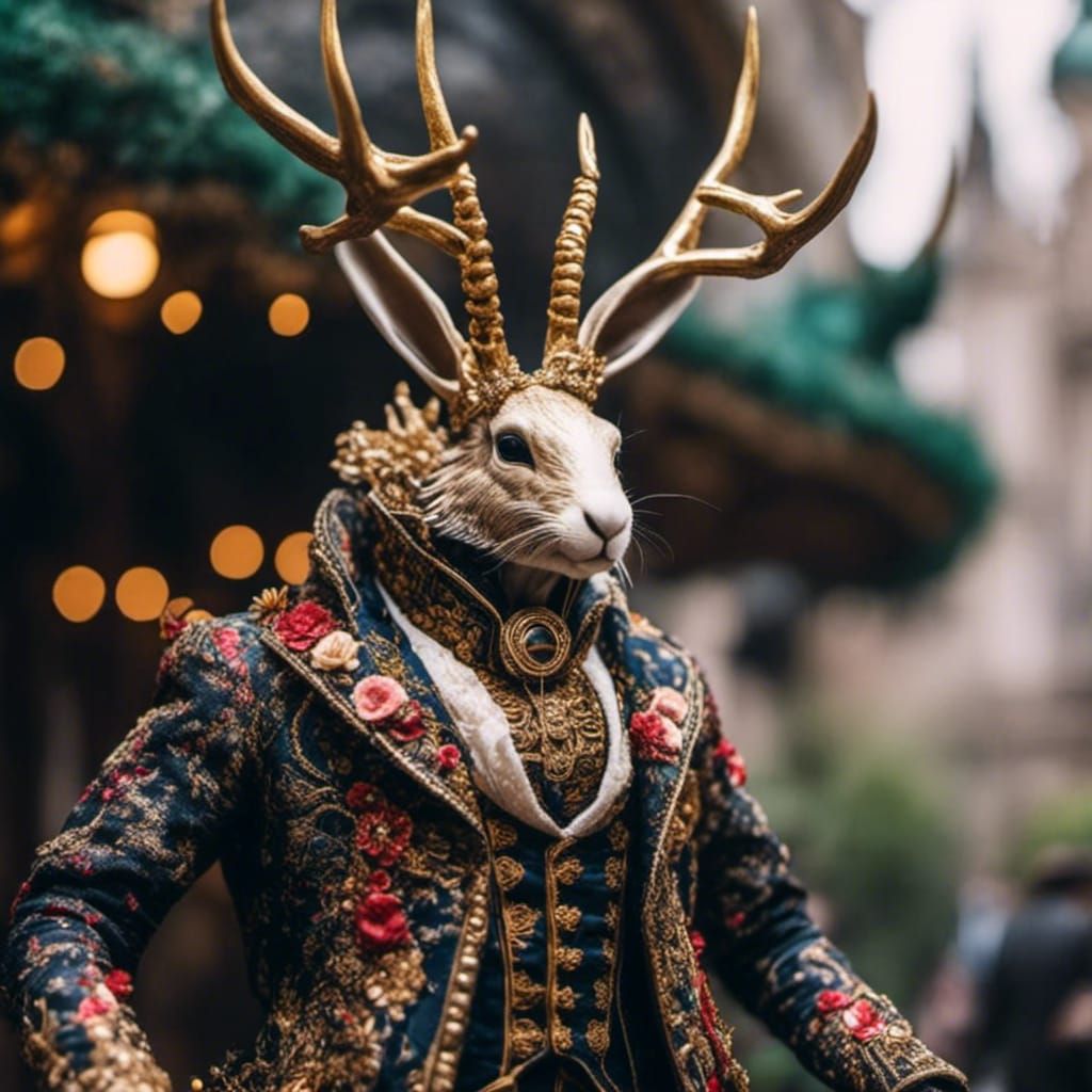 Alien jackalope (in floral Victorian coat), <lora:Alienbiopunk:1.0>